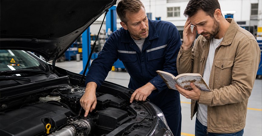 A diesel mechanic Mackay pointing out engine issues to a car owner to explain common logbook service mistakes and the importance of regular maintenance.