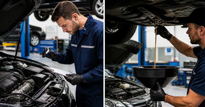 A side-by-side comparison of a diesel mechanic Mackay performing a detailed logbook inspection and a standard oil change, essential for maintaining auto air conditioning Mackay and overall vehicle health.