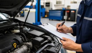 A diesel mechanic Mackay completing a logbook service checklist for a vehicle, ensuring all manufacturer specifications and car air conditioning Mackay systems are officially documented.