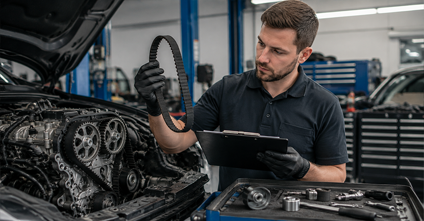 A mechanic holding an old engine belt while reviewing a checklist to explain what is the lifespan of a timing belt. This visual guide helps car owners understand what is a timing belt and what does it do, emphasizing the importance of a timing belt kit for preventative maintenance.