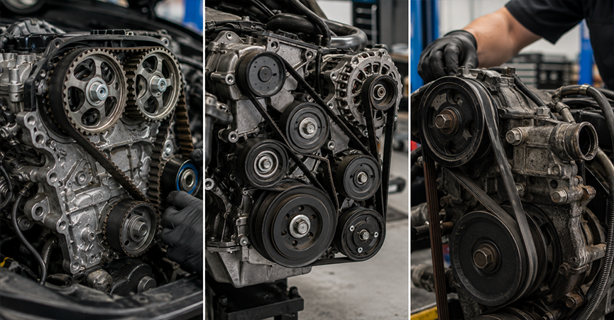 A three-panel comparison showing what is a drive belt vs timing belt and what is a serpentine belt vs timing belt. The images illustrate the function of a timing belt in a car compared to external accessory belts, highlighting the specialized gears and timing belt tensioner.
