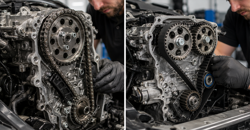 Side-by-side comparison of a metal engine chain and a rubber belt to answer what is better a timing chain or belt. The image illustrates what is a timing belt in a car and highlights the function of a timing belt versus a chain-driven system for engine synchronization.