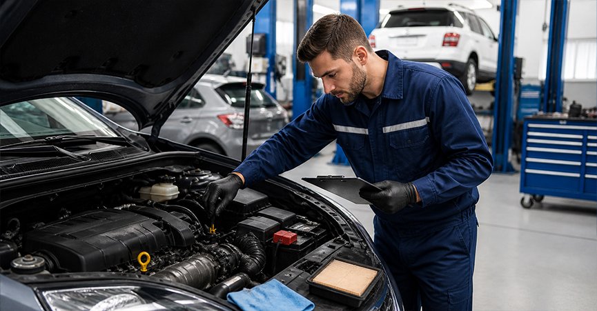 A diesel mechanic Mackay performing a detailed logbook service checklist, including inspections for car air conditioning mackay and electrical systems to ensure vehicle reliability.