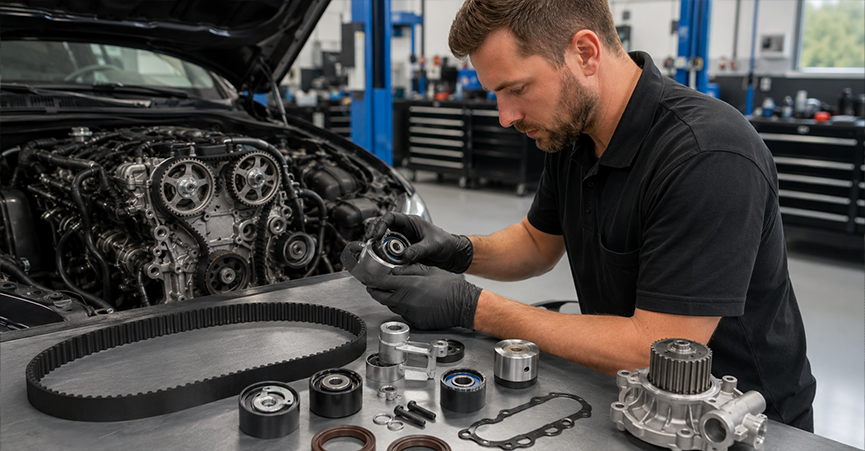 An auto mechanic displaying what is included in a timing belt kit, featuring the belt, water pump, and timing belt tensioner. This visual explains what is a timing belt used for and why replacing the full kit is essential for the lifespan of a timing belt.