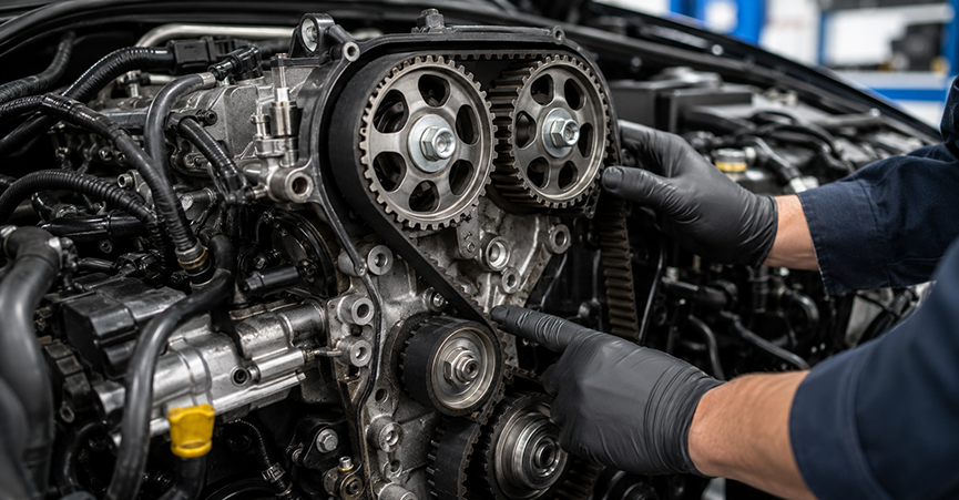 A mechanic in black gloves pointing to a vehicle engine to explain what is a timing belt and what does it do. The image shows the internal function of a timing belt in a car, including the timing belt tensioner and gears, helping drivers understand the purpose of a timing belt versus a timing chain or belt.