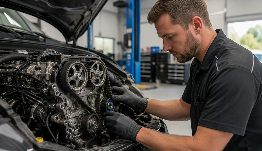 Professional mechanic inspecting an engine to explain what is a timing belt in a car, highlighting the function of a timing belt by showing the timing belt tensioner and gears that synchronize the crankshaft and camshaft.