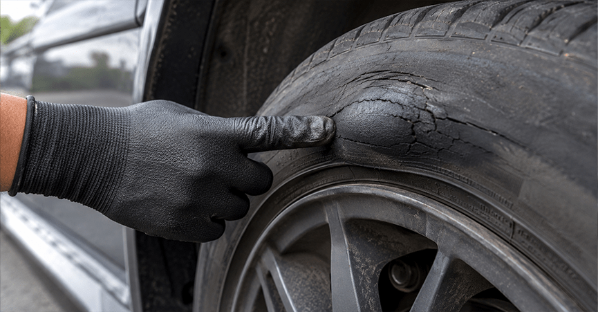 A close-up of a person's hand wearing a black glove, pointing out severe cracks and a large bulge on the sidewall of a damaged car tyre mounted on a wheel.