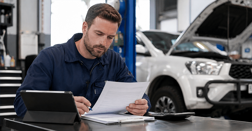 A mechanic in blue overalls sits at a workbench, carefully reviewing paperwork and holding a pen. A digital tablet and a calculator rest on the table in front of him, while a white SUV with its hood open is parked in the background of the repair shop.