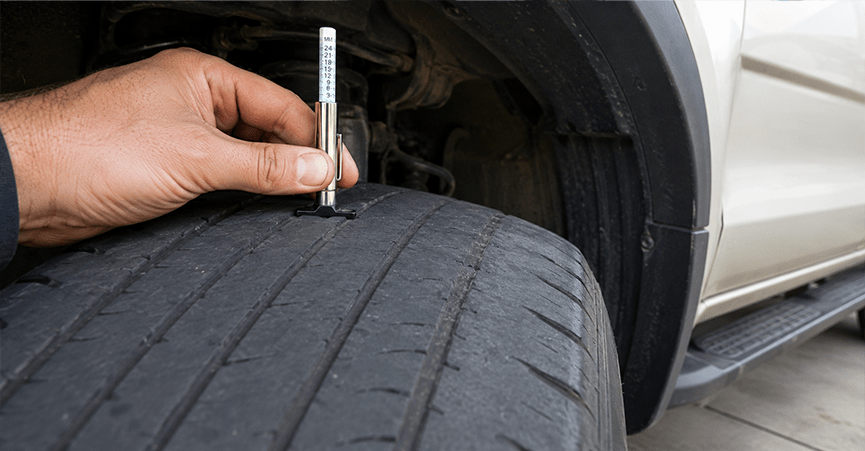 A close-up of a person's hand using a small metal tread depth gauge to measure the remaining tread on a worn car tyre, with the side of a white vehicle visible in the background.