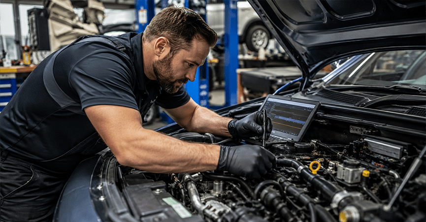 A mechanic in black uniform and gloves leans over the open engine bay of a car, using a diagnostic tool connected to a laptop resting on the engine. The background shows a busy auto repair shop with blue car lifts and other vehicles.