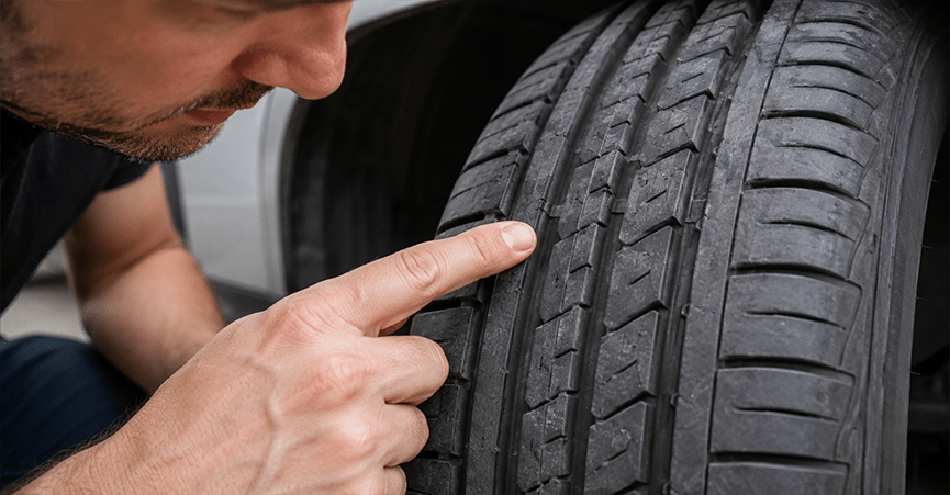 A close-up of a person crouching down and pointing their index finger at a small tread wear indicator bar located inside the groove of a car tyre.
