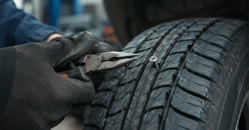 A close-up of a person's gloved hands using pliers to extract a metal screw embedded deeply in the tread of a car tyre.
