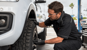 A mechanic wearing safety glasses and black gloves crouches down to inspect or change a large all-terrain tyre on a white truck. The mechanic has one hand resting on top of the tyre and the other near the wheel nuts.