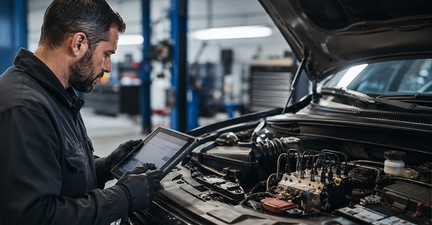 Auto mechanic using a diagnostic scan tablet to check a car's ABS control module under the hood.