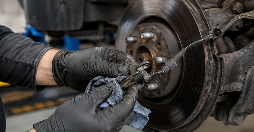 Auto mechanic in black gloves cleaning a dirty ABS wheel speed sensor near a car brake rotor assembly.