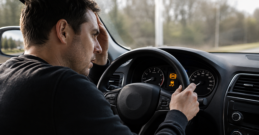Stressed driver holding steering wheel while looking at ABS and traction control warning lights on car dashboard.