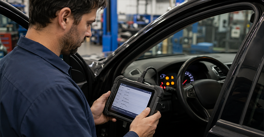 Auto mechanic using an OBD2 diagnostic scan tool inside a vehicle to troubleshoot ABS and traction control warning lights.