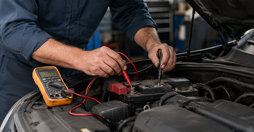 Auto mechanic using a digital multimeter to test car battery voltage under the hood.
