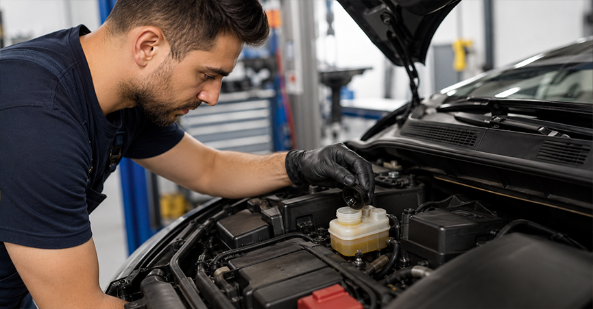Auto mechanic opening the brake fluid reservoir cap under the open hood of a car to check fluid levels.
