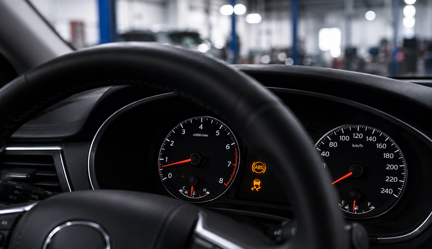 Car dashboard display showing illuminated ABS warning light and traction control light.
